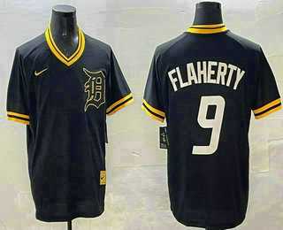 Mens Detroit Tigers #9 Jack Flaherty Black Gold Nike Cooperstown Legend V Neck Jersey